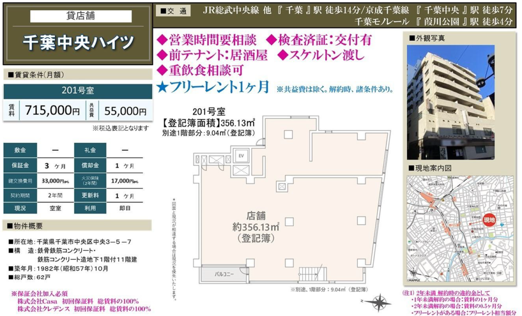 【重飲食相談可の貸店舗】千葉中央ハイツ201｜月額賃料715,000円（税込）