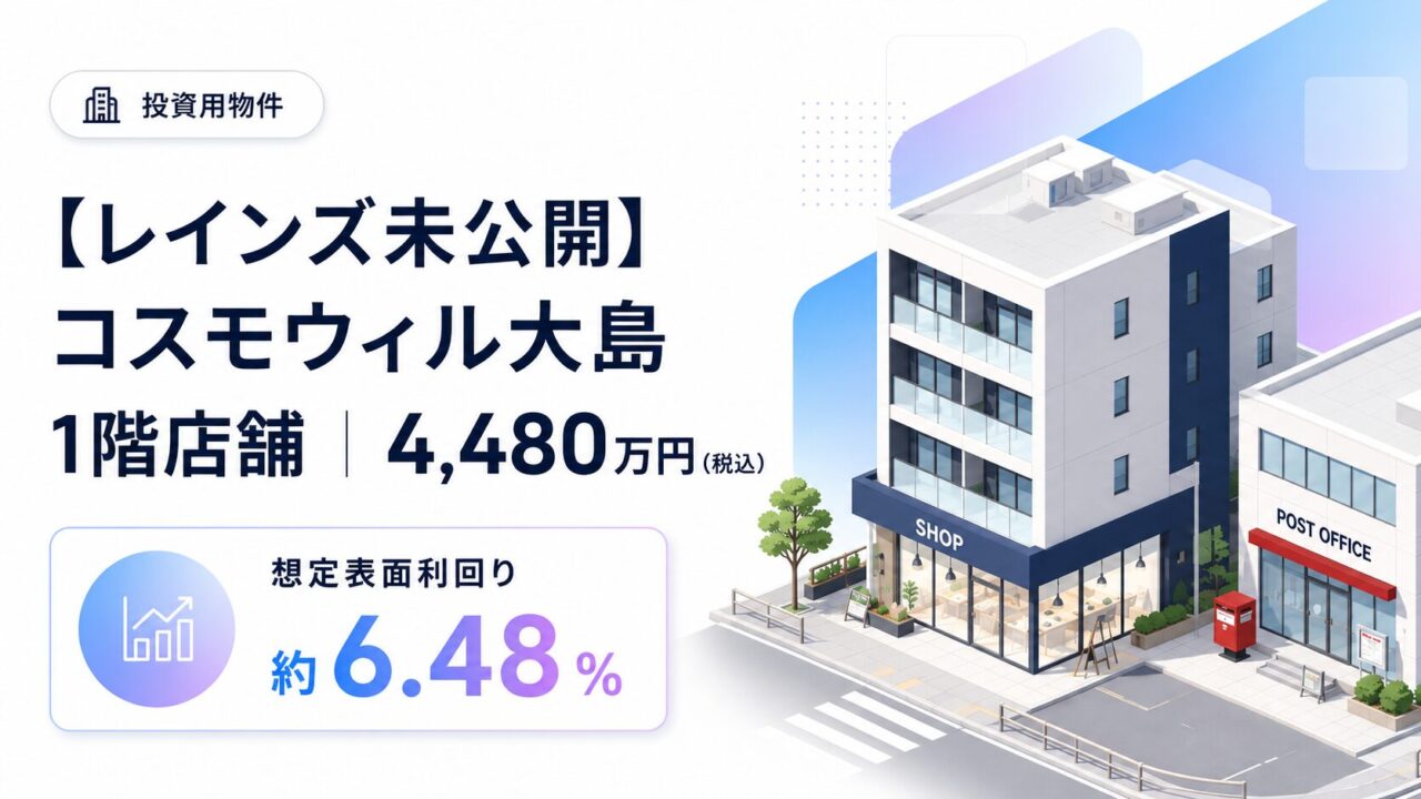 【レインズ未公開】コスモウィル大島1階店舗｜4,480万円（想定表面利回り約6.48％）