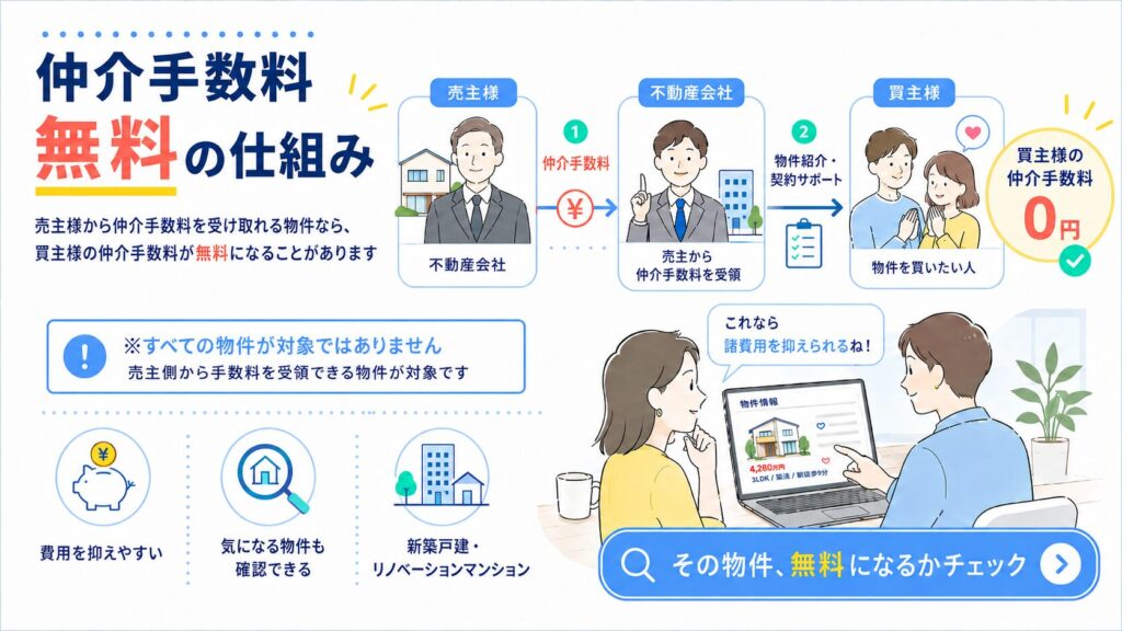 仲介手数料無料になる仕組みの解説図。売主から手数料を受け取れる新築戸建やリノベーションマンションなどの物件であれば、買主の仲介手数料が0円になることを説明した図解