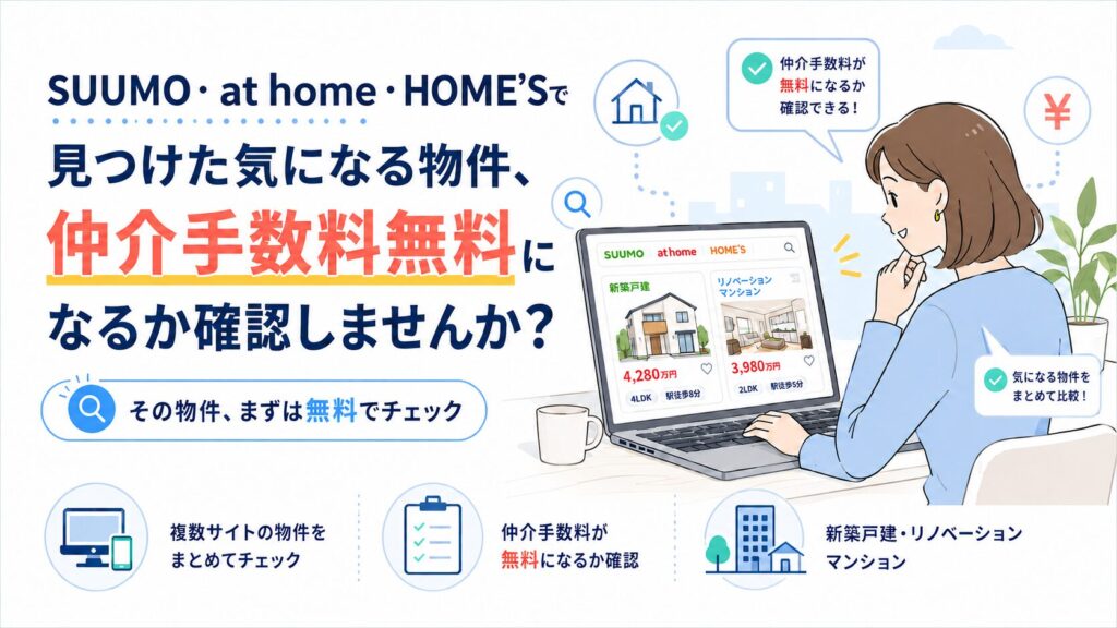 SUUMO・at home・HOME'Sで見つけた物件（新築戸建・リノベーションマンション）の仲介手数料が無料になるか無料で確認できるサービスの案内バナー