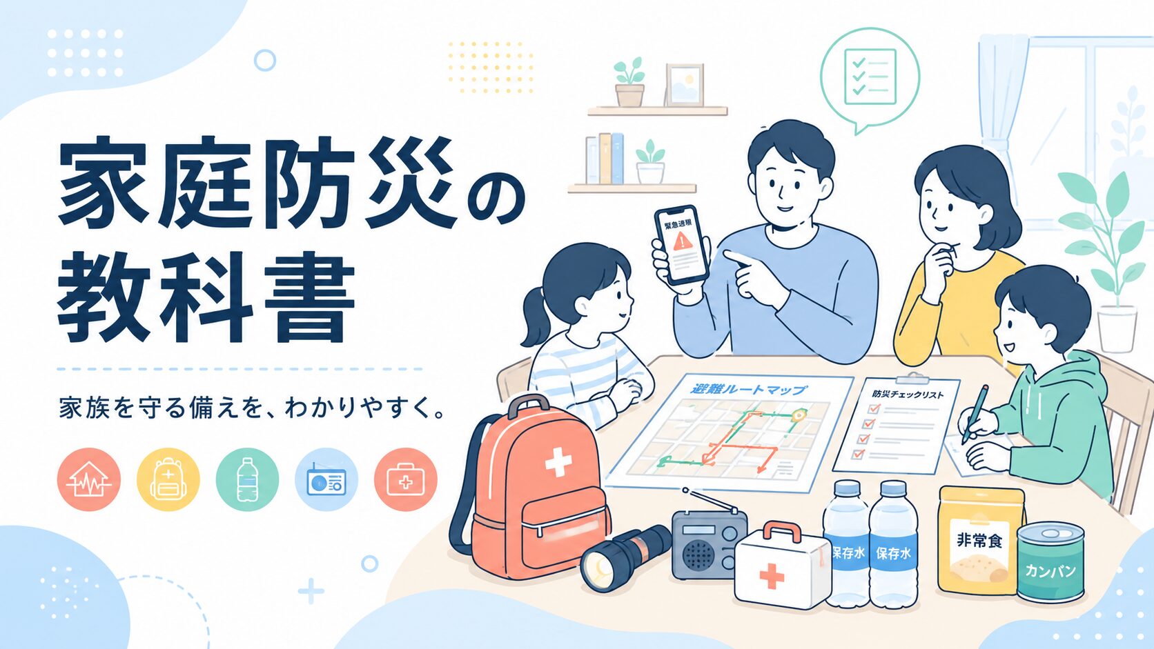 家族で避難ルートや防災チェックリストを確認し、防災グッズを備える様子を描いた家庭防災のイラスト。