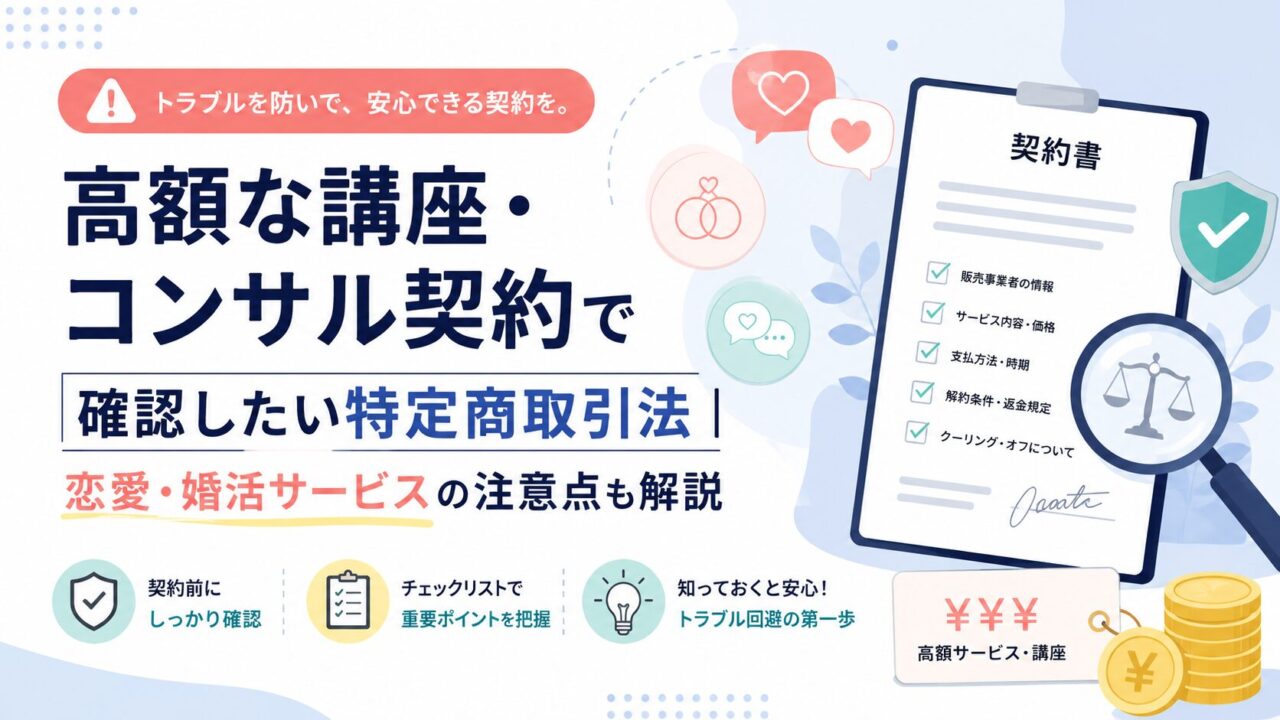 高額な講座・コンサル契約で確認したい特定商取引法｜恋愛・婚活サービスの注意点も解説
