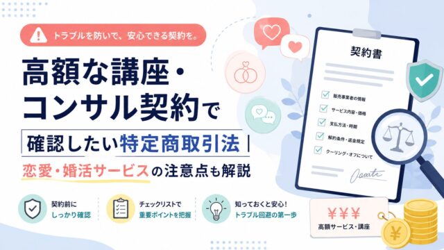 高額な講座・コンサル契約で確認したい特定商取引法｜恋愛・婚活サービスの注意点も解説