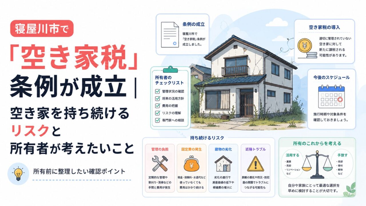 寝屋川市で「空き家税」条例が成立｜空き家を持ち続けるリスクと所有者が考えたいこと