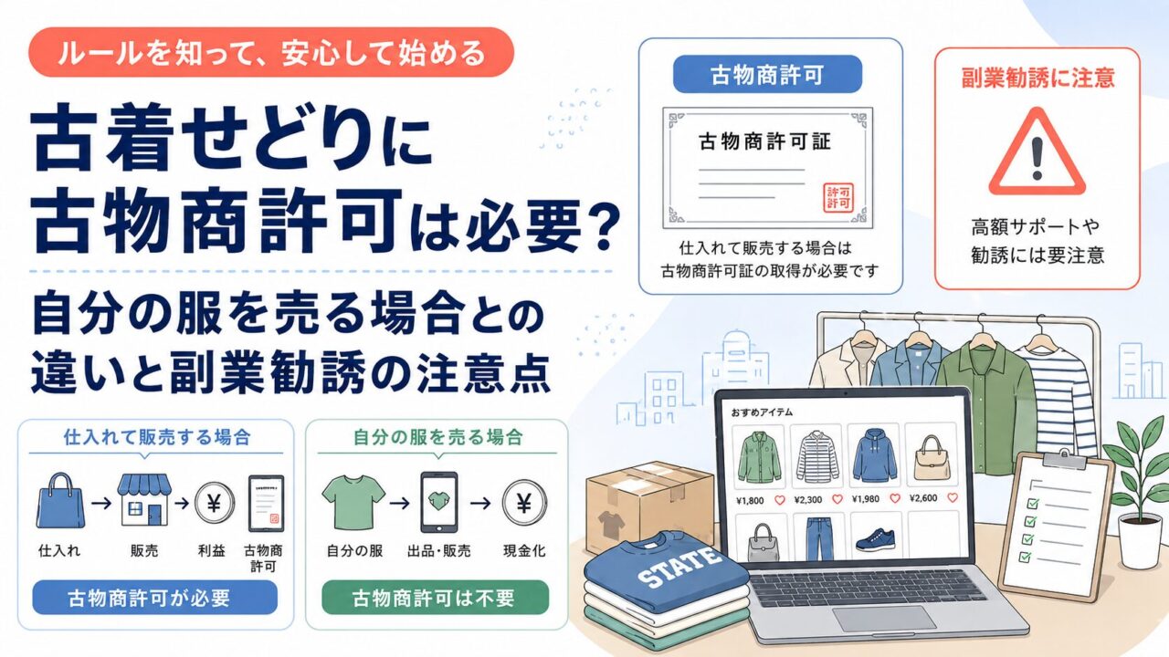 古着せどりに古物商許可は必要？自分の服を売る場合との違いと副業勧誘の注意点